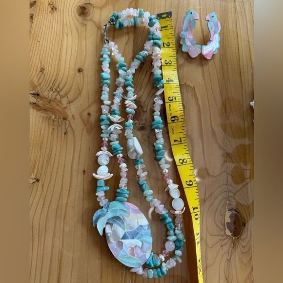 Vintage MOP Parrot bird rose quartz turquoise necklace earrings Lee sands - Picture 5 of 7